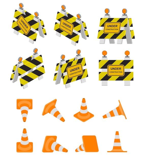 Road sign under construction and road cone. Warning sign in isometry, 3D and perspective views. Flat isometric design. Set of barriers. Different colors. Vector illustration.