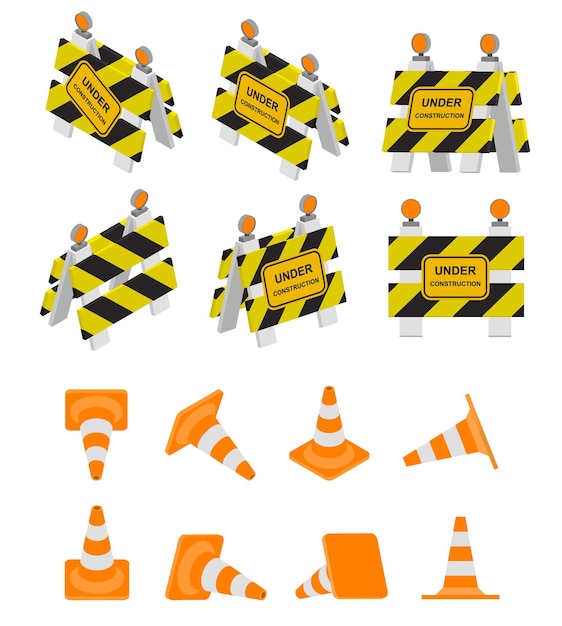 Road sign under construction and road cone. warning sign in isometry, 3d and perspective views. flat isometric design. set of barriers. different colors. vector illustration.