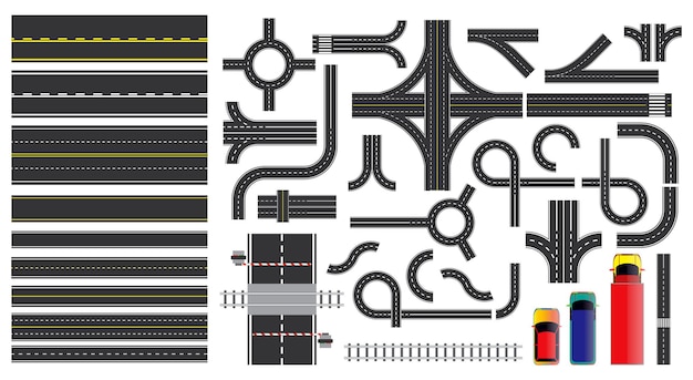 Vector road sign and road parts with dashed line roadside marking intersections junction