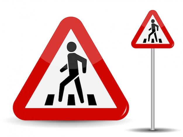 Road sign warning. in red triangle man at pedestrian crossing.   illustration.