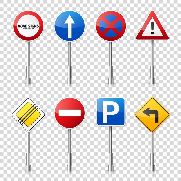 Vector road signs collection isolated on transparent background road traffic control lane usage stop and