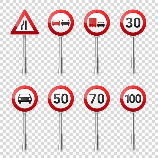 Vector road signs collection isolated on transparent background road traffic control lane usage stop and