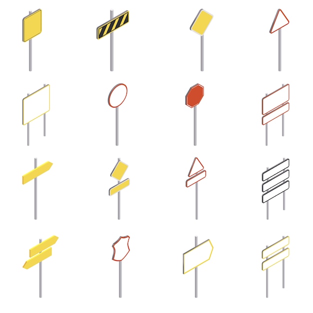 Road signs icons set. Isometric illustration of 16 road signs icons for web