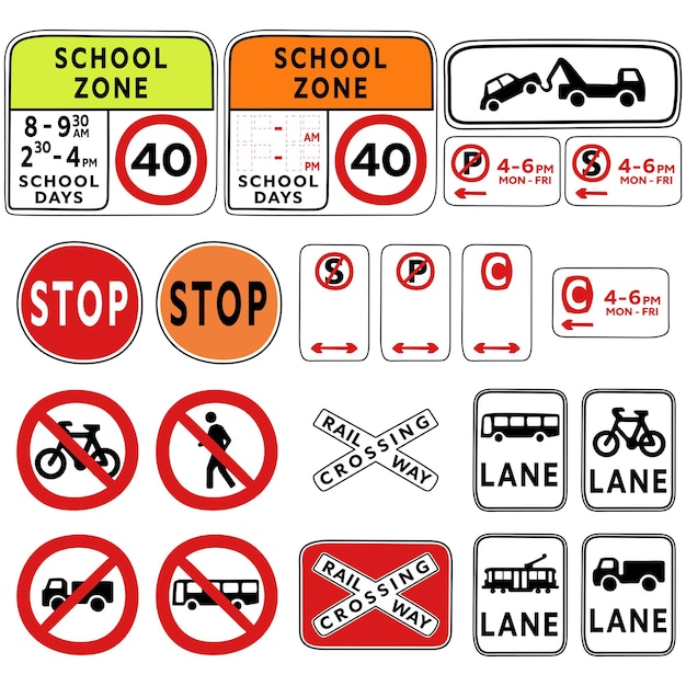 Road signs and traffic signs in cartoon style collection vector illustration