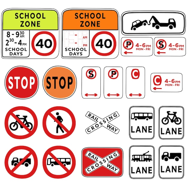 만화 스타일 컬렉션 벡터 일러스트 레이 션의 도로 표지판 및 교통 표지판