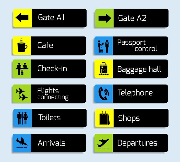 Vettore segni stradali grafica vettoriale per la raccolta di segnali stradali segno di uscita segni di progettazione di navigazione aeroportuale