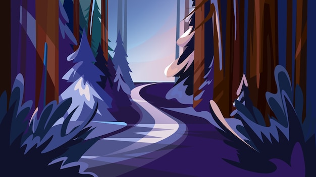 Vector road in snowy forest. beautiful winter landscape.