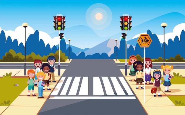 Vector road street scene with traffic light and cute students