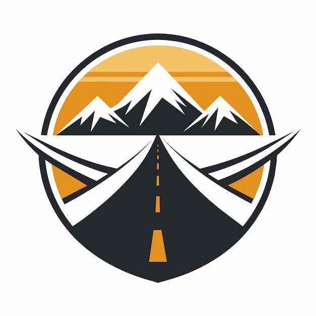 Vector a road stretches into the distance winding towards towering mountains in the background create a minimalist logo that conveys the concept of transmission