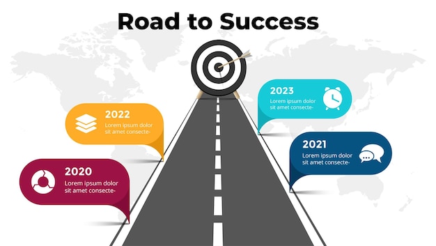 成功への道インフォグラフィックビジネスプレゼンテーションスライドテンプレートロードマップタイムライン世界地図