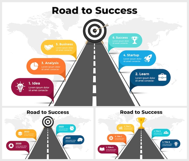 Vector road to success infographic business presentation template roadmap timeline arrow hit the target