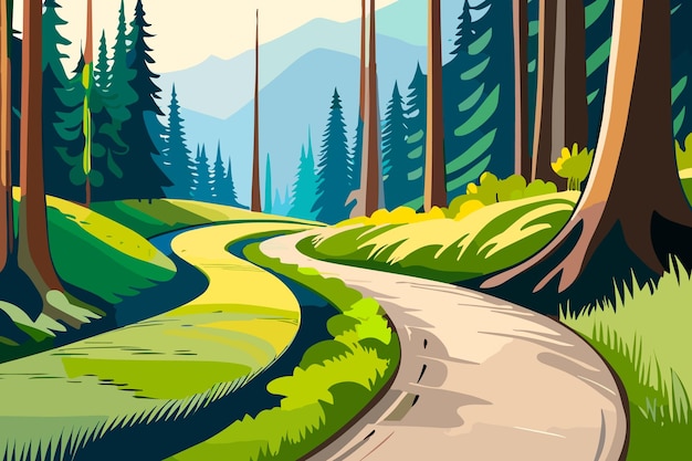 Vector a road though green nature forest grass tree and mountain