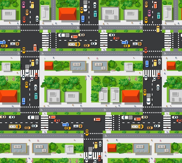 Vector road top view with highways many different vehicles