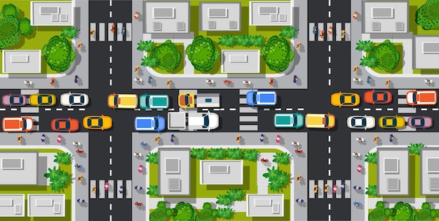 Road top view with highways many different vehicles