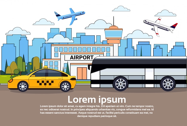 Vector road traffic with bus and taxi car over airport buildings and airplanes in sky