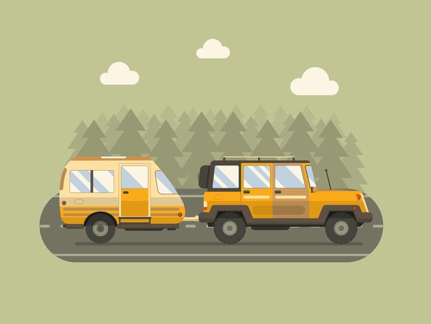 Road travel trailer and SUV driving on forest area road. Family traveler truck summer trip concept. RV travel landscape poster. Camper on road trip.