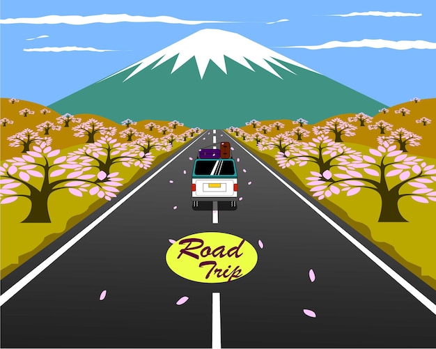 Road trip on camper van through sakura blossom and mount fuji by vector design