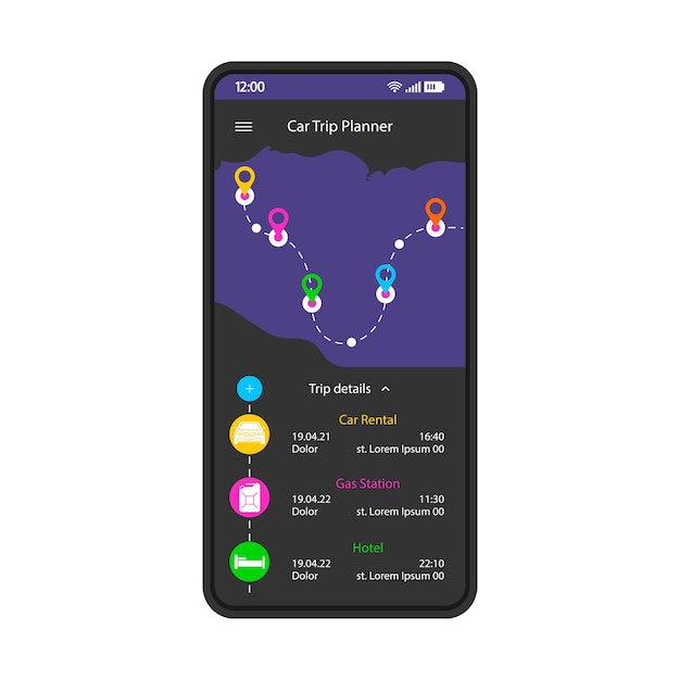 Road trip planner smartphone interface template gps navigation mobile app page layout auto route planning destination location search screen travel itinerary application flat ui phone display