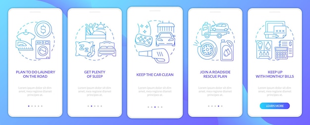 Road trip recommendations blue gradient onboarding mobile app screen