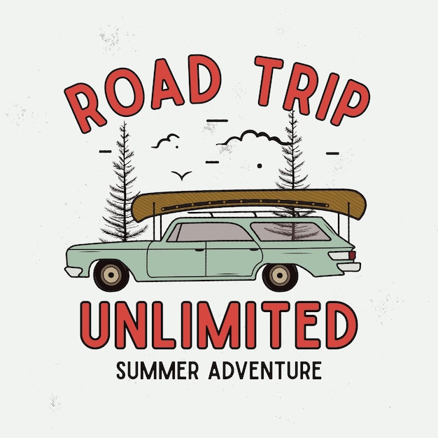 Road trip summer adventure graphic per t-shirt, stampe. emblema del campo disegnato a mano dell'annata. scena di viaggio retrò con alberi, distintivo insolito. etichetta per esterni. vettore di riserva.