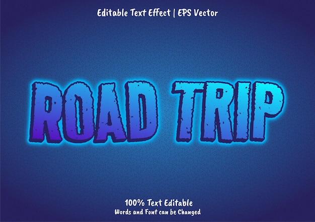 Vector road trip text effect in blue color with glow