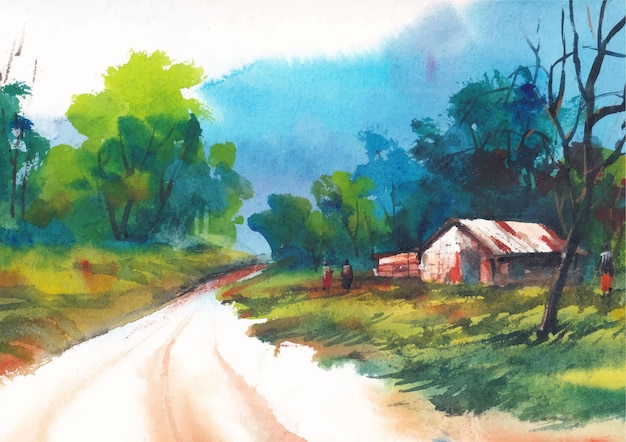 Road in the village watercolor painting background