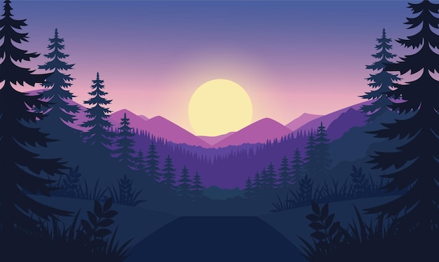 Road with Beautiful Mountains Nature Landscape with Pine Trees in Forest with Sun in Dawn Sky
