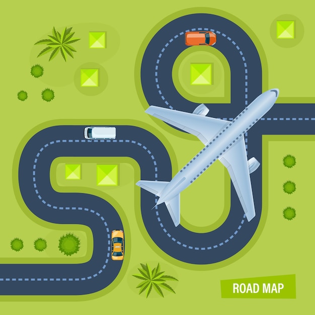 Road with traveling transport surrounding landscape flying up of plane