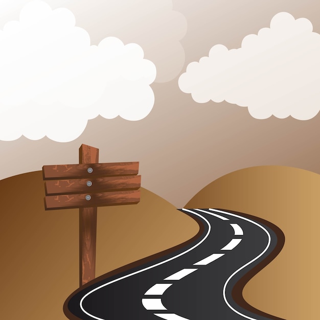Road with wooden sign with mountains landscape vector
