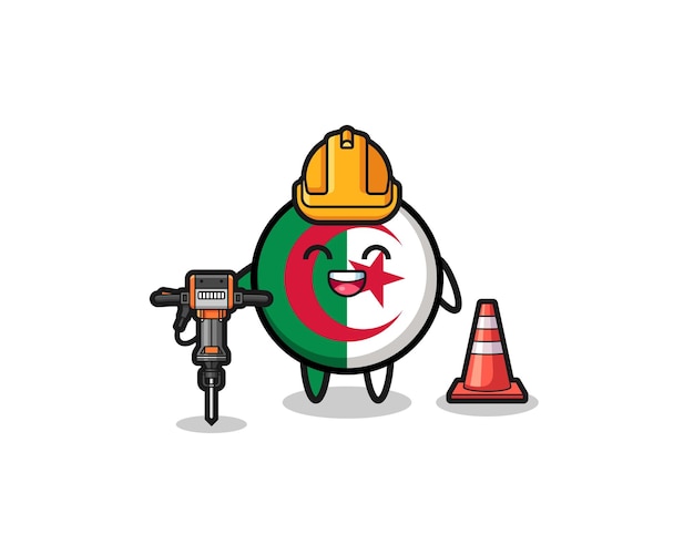 Road worker mascot of algeria flag holding drill machine