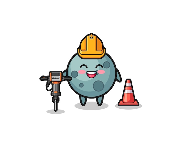 Road worker mascot of asteroid holding drill machine  cute design
