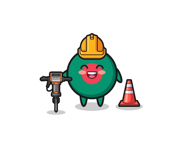 Road worker mascot of bangladesh flag holding drill machinexA cute designxA