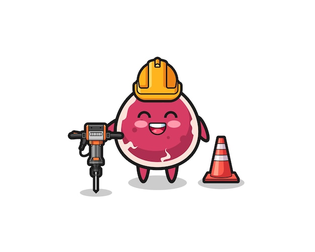 Road worker mascot of beef holding drill machine  cute design