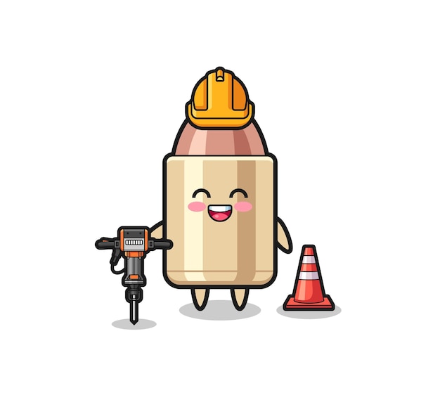 Road worker mascot of bullet holding drill machine