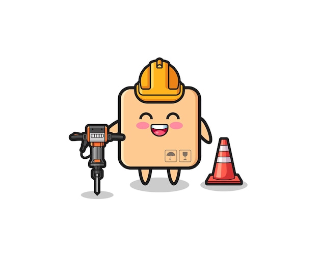 Road worker mascot of cardboard box holding drill machine cute design