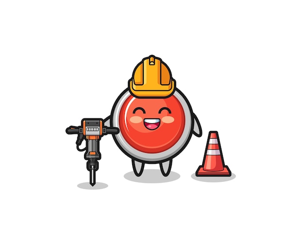 road worker mascot of emergency panic button holding drill machine
