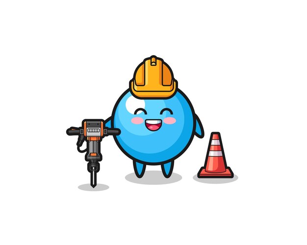 Road worker mascot of gum ball holding drill machine cute design