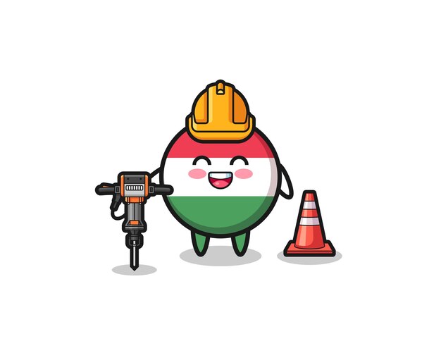 Road worker mascot of hungary flag holding drill machinexa cute designxa