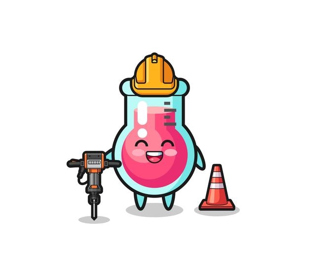 Road worker mascot of laboratory beaker holding drill machine