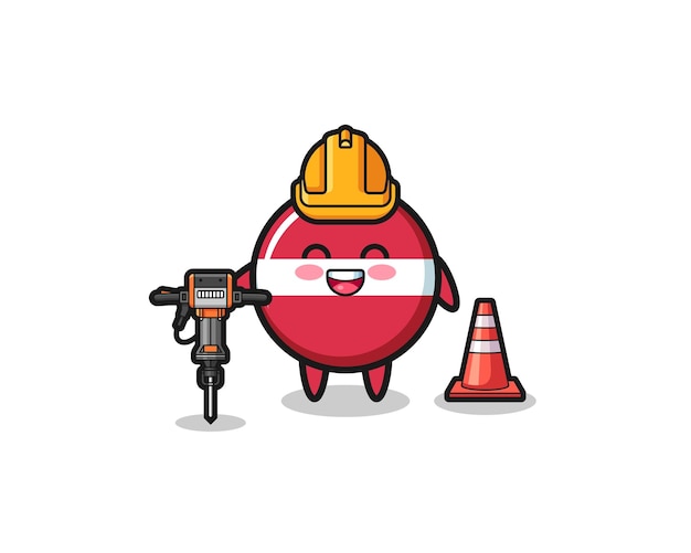 Road worker mascot of latvia flag holding drill machine  cute design