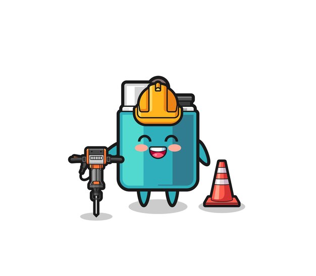 road worker mascot of lighter holding drill machine
