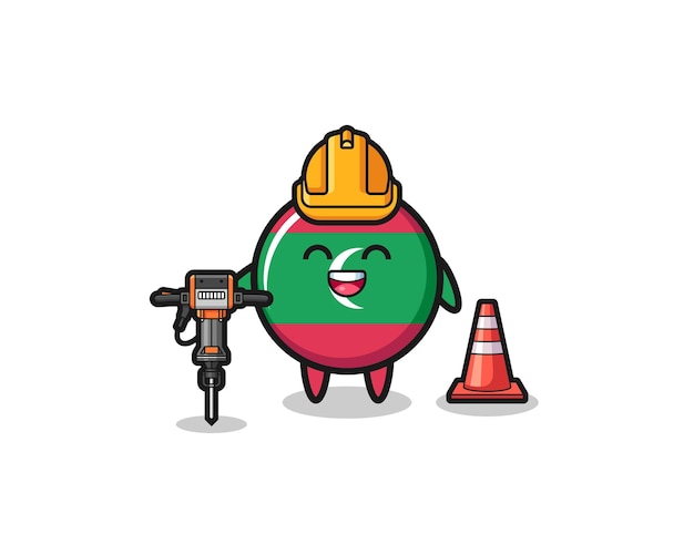 Road worker mascot of maldives flag holding drill machine cute design