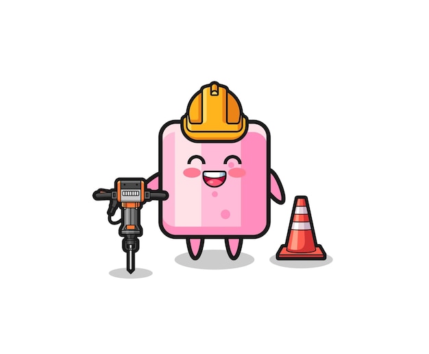 Road worker mascot of marshmallow holding drill machinexa cute designxa