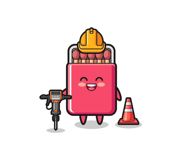 Road worker mascot of matches box holding drill machine  cute design