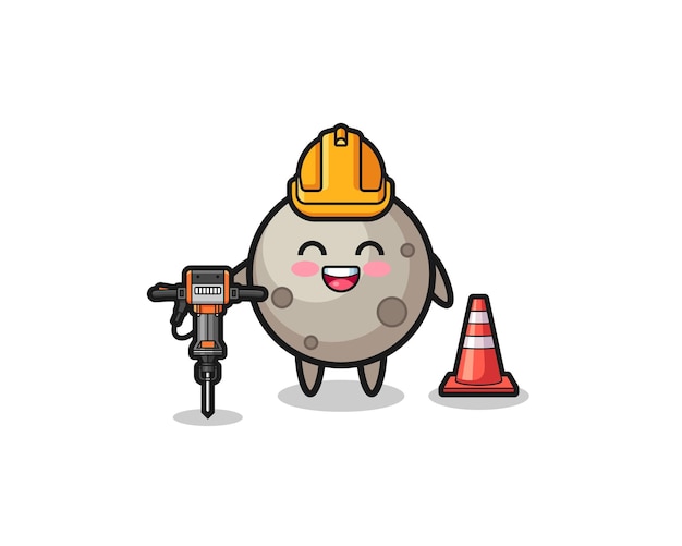 Road worker mascot of moon holding drill machine , cute design