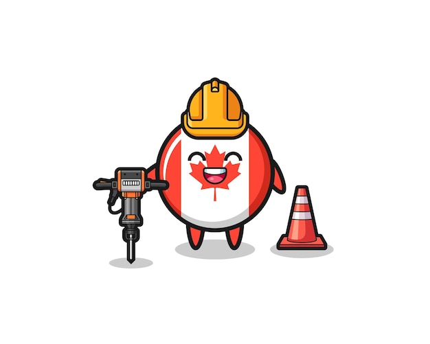 ドリルマシンかわいいデザインを保持しているカナダの旗の道路労働者のマスコット