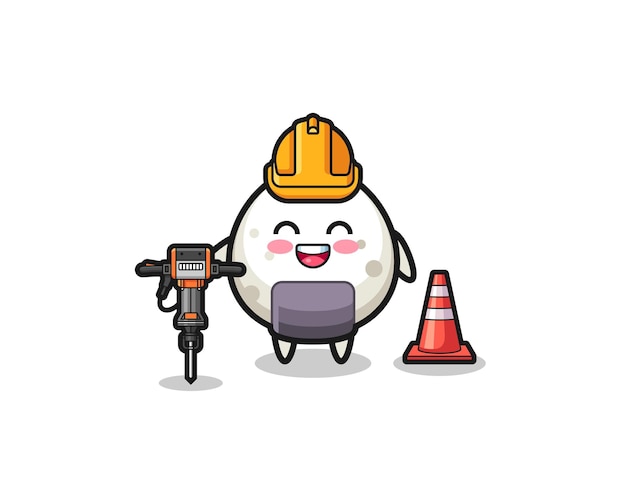 Road worker mascot of onigiri holding drill machine  cute design