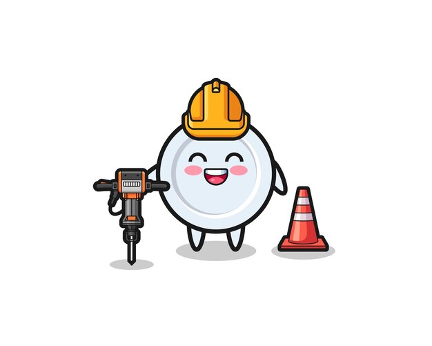 Road worker mascot of plate holding drill machine