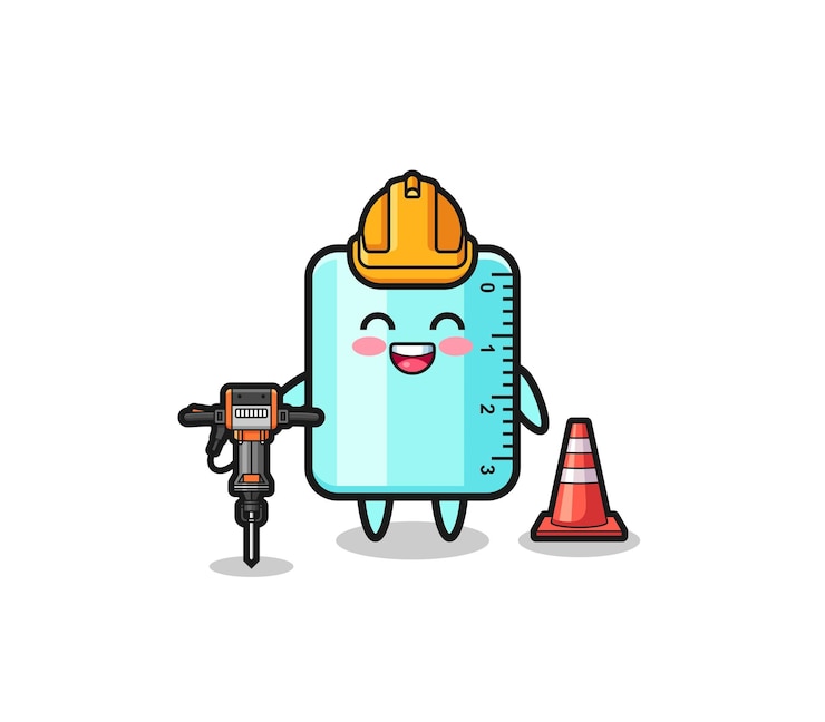 Vector road worker mascot of ruler holding drill machine  cute design