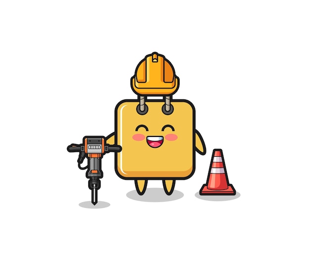 Vector road worker mascot of shopping bag holding drill machine